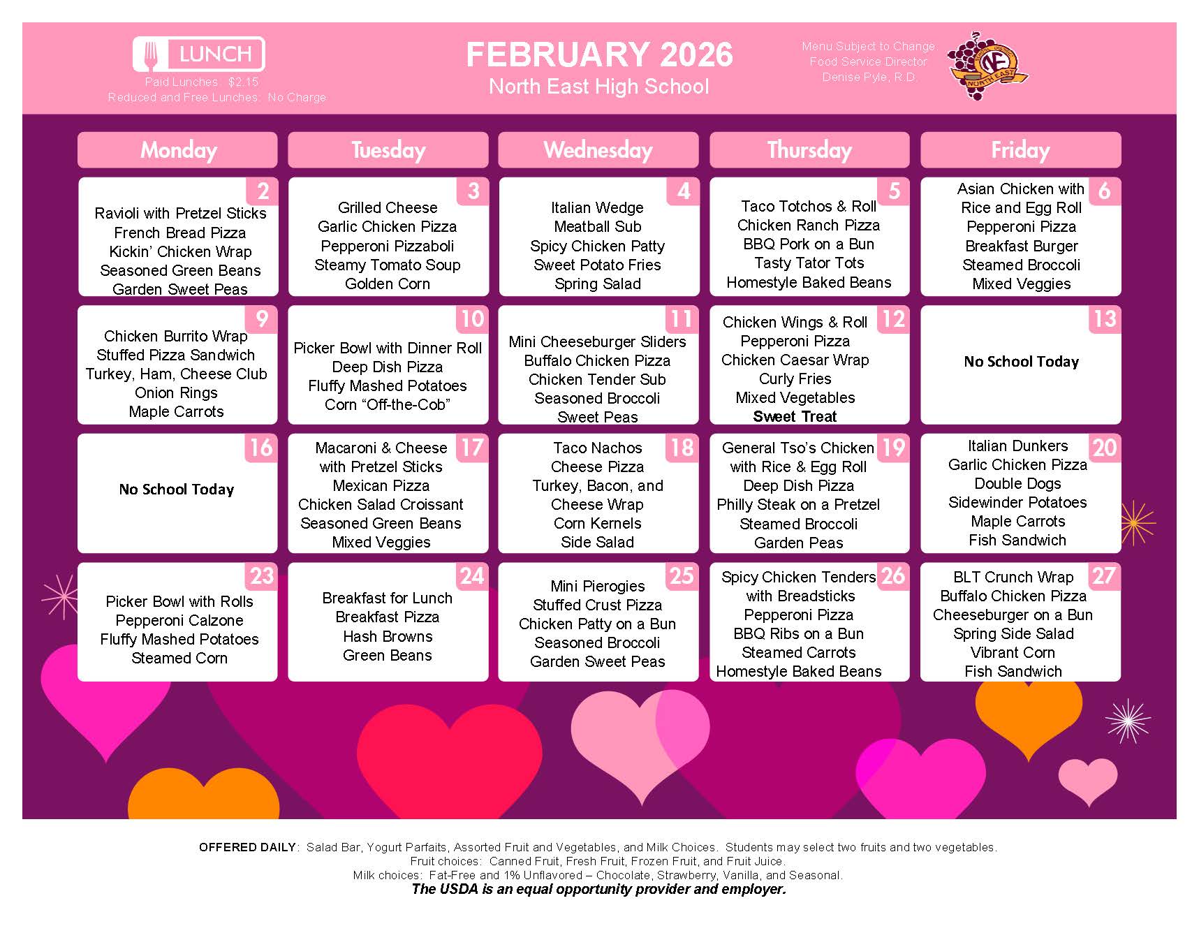 NEHS February Lunch Menu